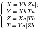 \begin{displaymath}\left\{\begin{tabular}{l}
$X=Yb\vert Za\vert\varepsilon$ \\ ...
...
$Z=Xa\vert Tb$ \\
$T=Ya\vert Zb$ \\
\end{tabular}\right.\end{displaymath}